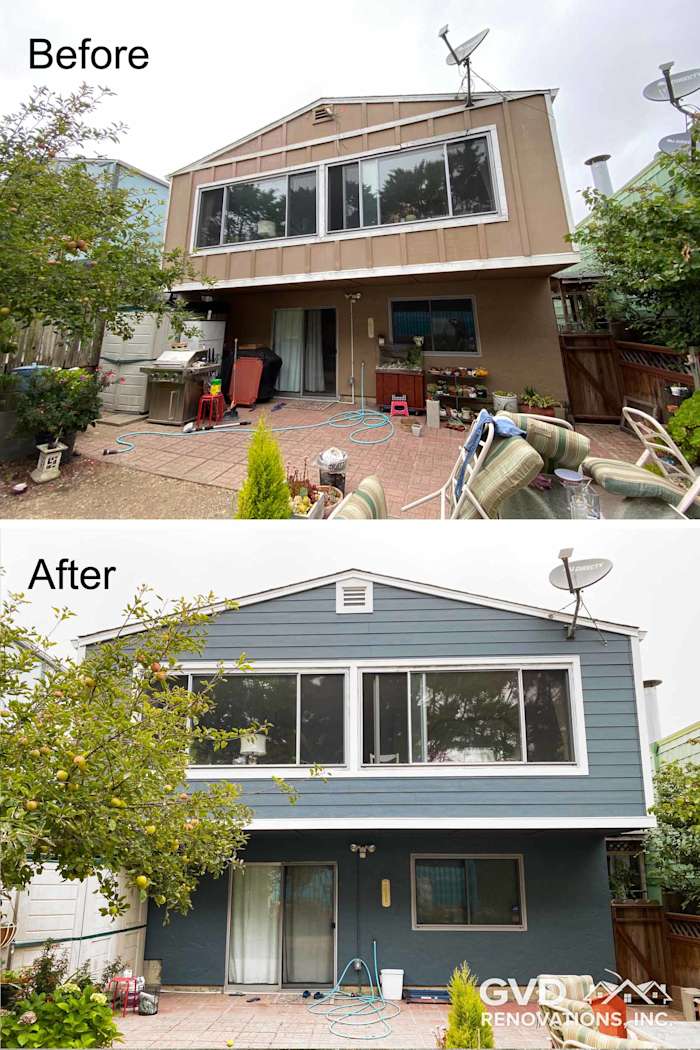 Before and after images of a home with new blue James Hardie siding and updated windows in Daly City