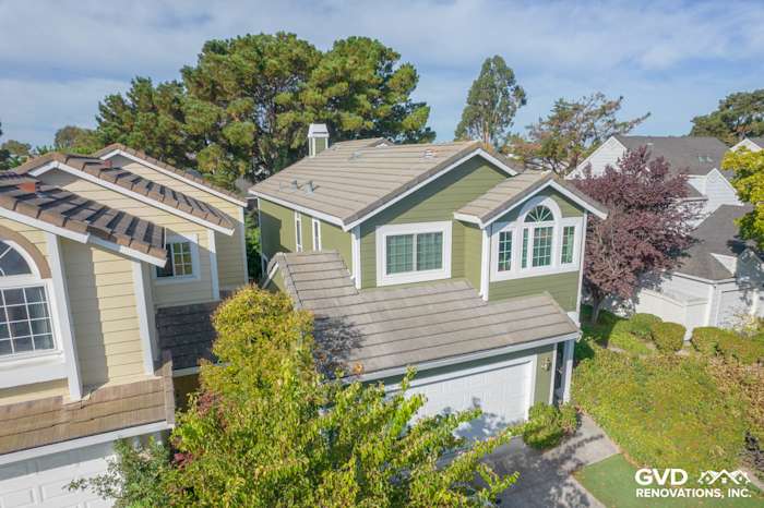 Mountain Sage James Hardie siding with Arctic White trim on transformed home exterior in Pinole, CA