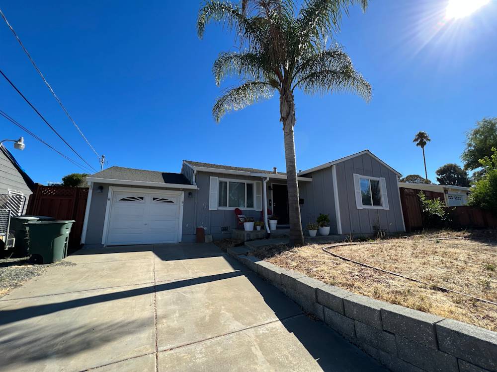Gray single-story home with a palm tree and concrete driveway in Sacramento