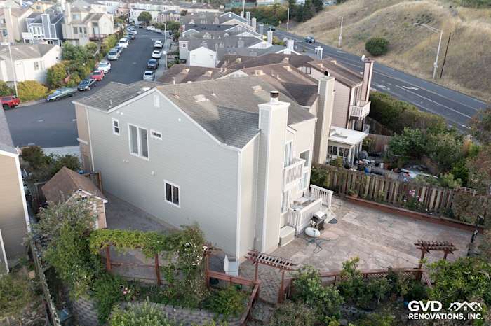 Daly City home featuring James Hardie Lap Siding in Monterey Taupe and Cobble Stone trim, elevated view