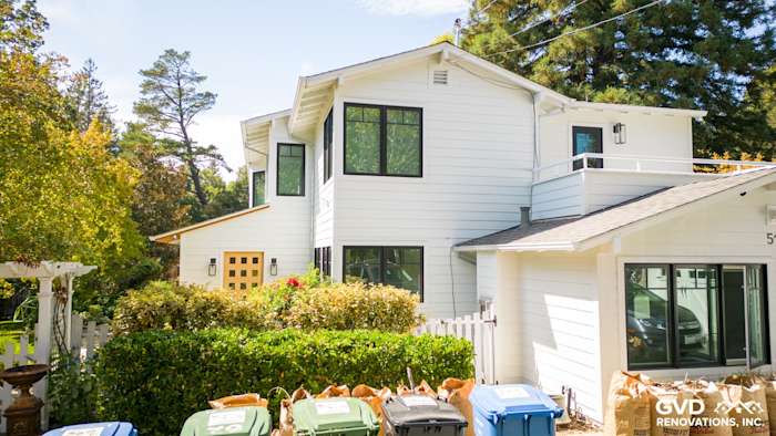 Home exterior featuring newly installed Arctic White James Hardie siding and trim in Orinda, CA
