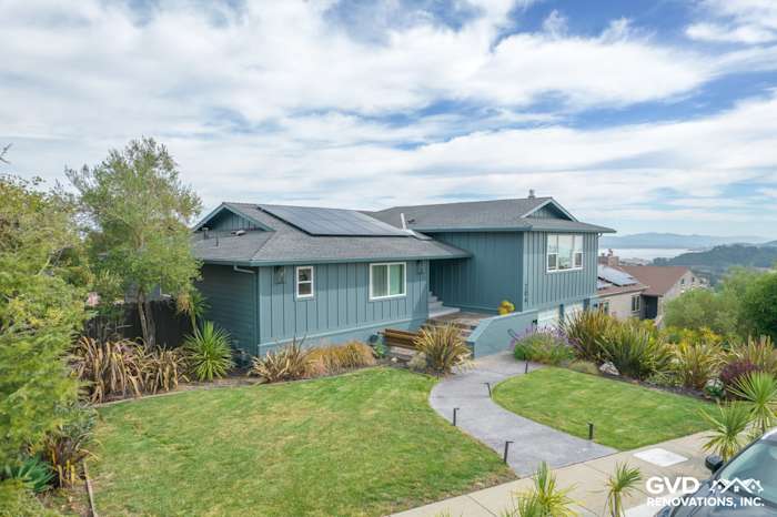 Modern home exterior featuring Evening Blue James Hardie siding and Anlin Catalina windows in San Rafael, CA