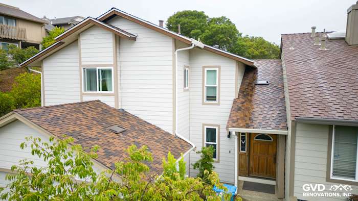 Newly installed James Hardie Cobble Stone siding with Khaki Brown trim on a San Mateo home