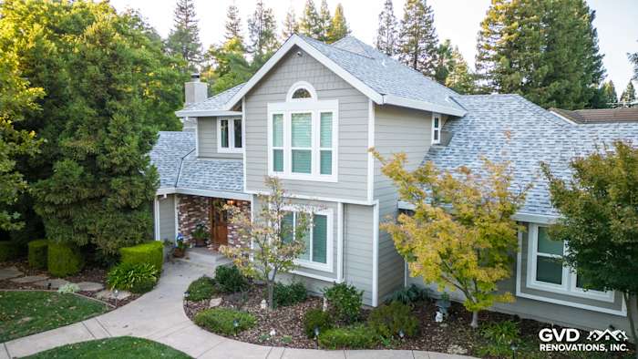 Home exterior featuring James Hardie Cedarmill siding in Monterey Taupe with Arctic White trim in Fair Oaks, CA