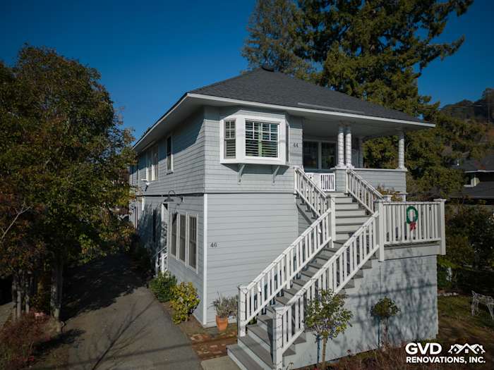 Modern home exterior featuring Arctic White HardieTrim and light blue Prime James Hardie Lap Siding in San Anselmo