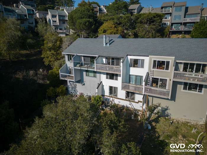 Modern home exterior in Mill Valley, CA featuring James Hardie Monterey Taupe siding and Cobble Stone HardieTrim
