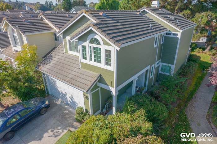 Home exterior showcasing Mountain Sage James Hardie siding and Arctic White trim in Pinole, CA