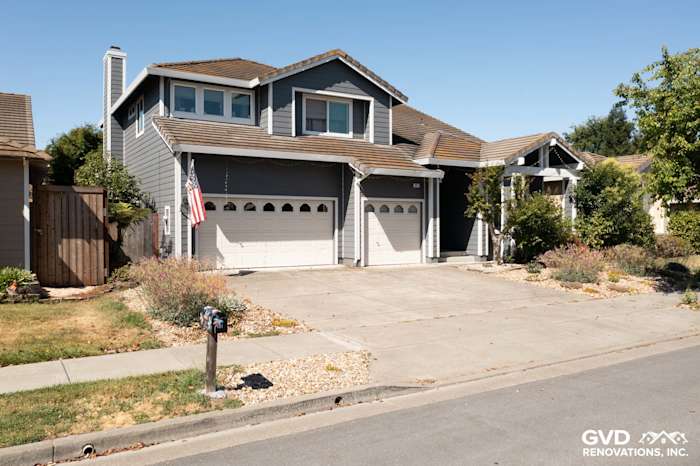 Home exterior renovation in Petaluma featuring Night Grey James Hardie siding and Arctic White trim