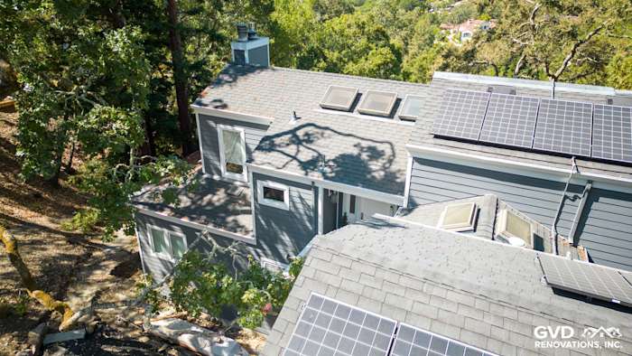 Aerial view of a home featuring Night Gray James Hardie siding and Arctic White trim in Orinda, CA