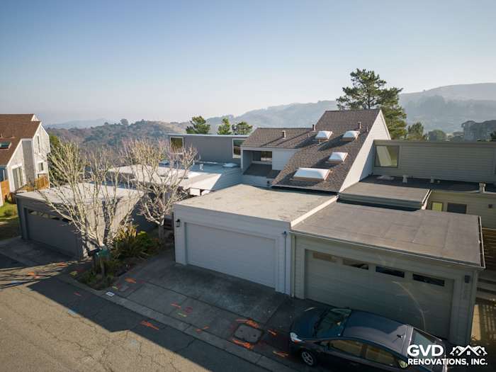 Stylish Pearl Gray James Hardie siding enhances this unique Mill Valley home’s exterior, highlighting modern architectural