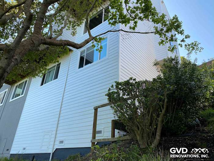 New pre-finished James Hardie lap siding on home exterior in Mill Valley, showcasing clean lines and modern design