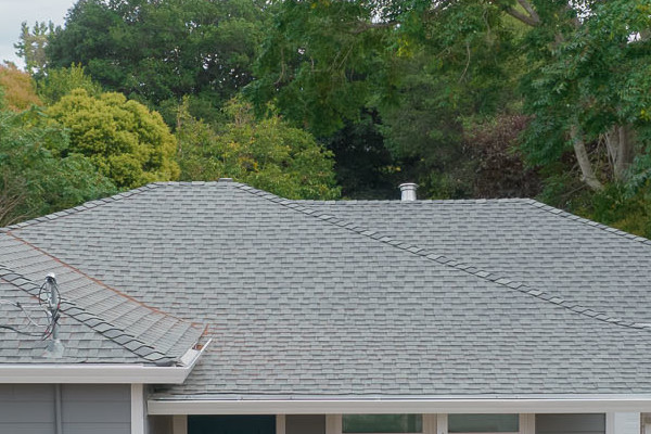 Gray Slate siding with Arctic White trim on a Novato home exterior, featuring Milgard Tuscany windows