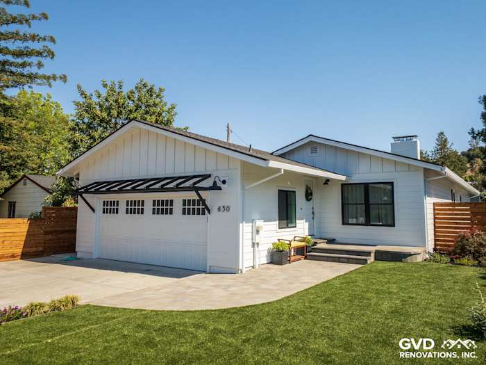 Updated home exterior featuring James Hardie Board and Batten Siding in Novato, CA, with a modern entryway