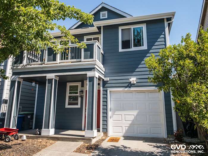 Updated blue siding with modern accents and fresh white trim in Petaluma