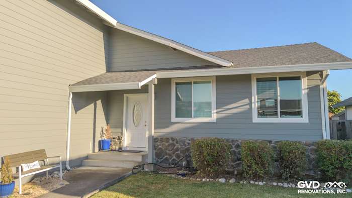 Gray Slate James Hardie Lap Plank Siding with Arctic White trim on a Petaluma home exterior