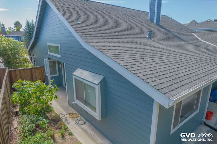 Boothbay Blue James Hardie siding with Arctic White trim on a remodeled Foster City home exterior