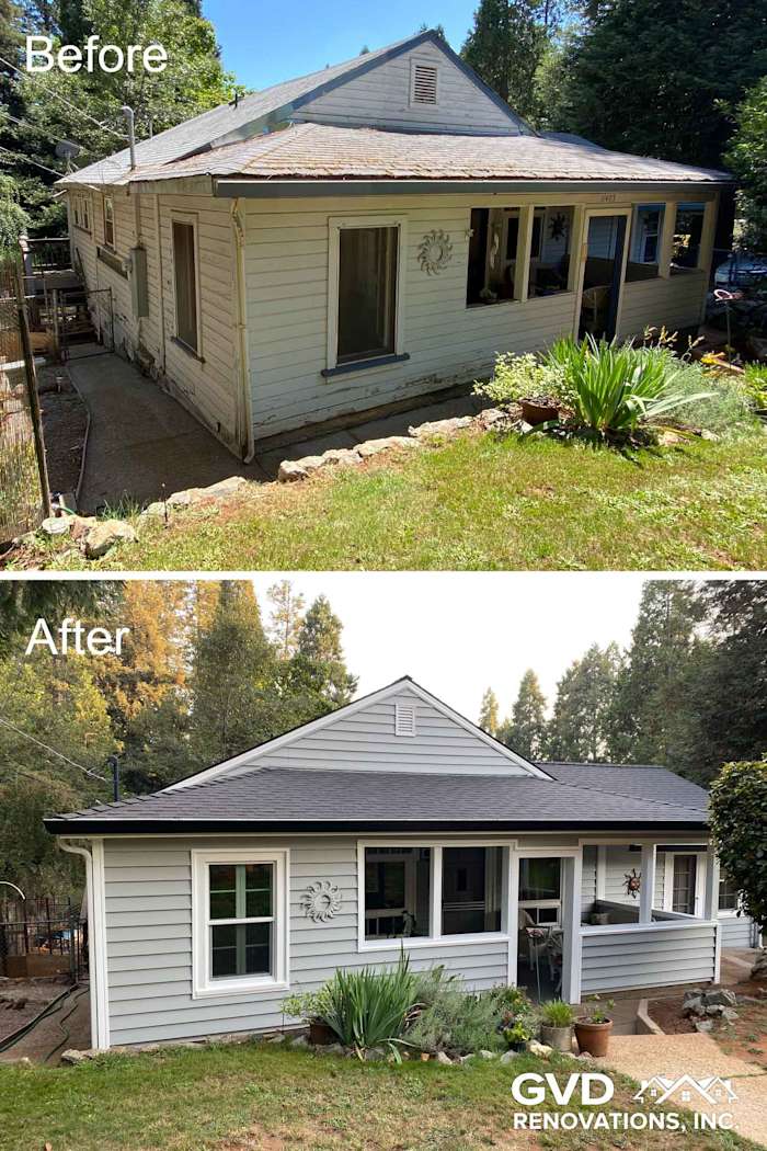 Home exterior transformation featuring Prodigy Vinyl Siding in light gray, enhancing curb appeal in Grass Valley, CA