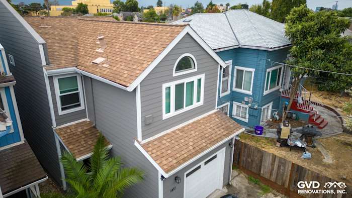 Aerial view of Oakland home featuring Aged Pewter James Hardie siding and new roof shingles