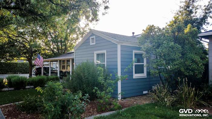 Coastal-style home exterior featuring Boothbay Blue James Hardie siding and Arctic White trim in Winters, CA