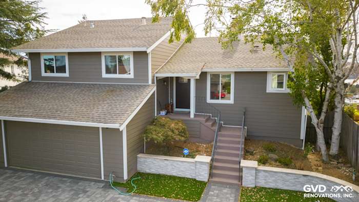 Modern home exterior featuring Timber Bark James Hardie siding and Arctic White trim in Benicia, CA