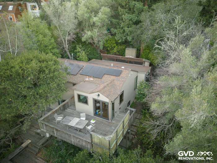 Aerial view of a home in Oakland with Khaki Brown James Hardie siding, Timber Bark HardieTrim, and a spacious deck
