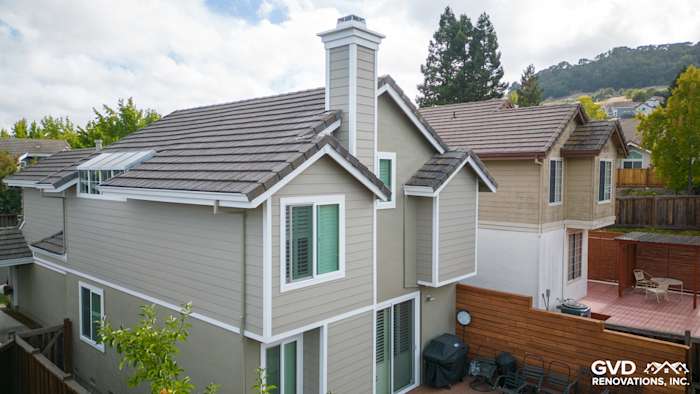 James Hardie Lap siding in Monterey Taupe and Arctic White trim on a Danville home exterior