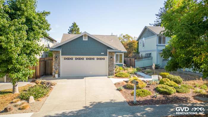 Home exterior featuring Evening Blue James Hardie Lap Siding and Cobble Stone Trim in Petaluma, CA