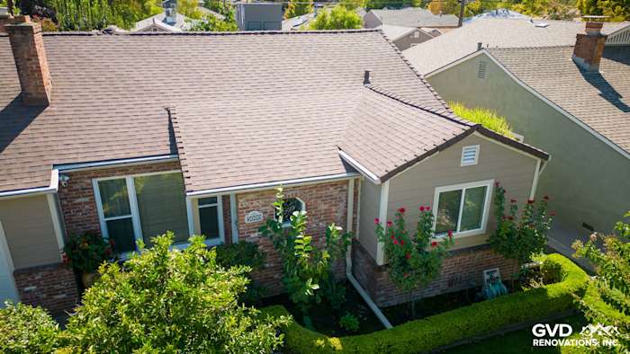 Elevated view of a Sacramento home featuring Khaki Brown James Hardie siding and landscaped front yard