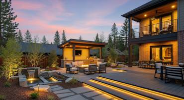 Custom outdoor deck with built-in seating, fire pit, and landscaping, illuminated at sunset in Sacramento backyard