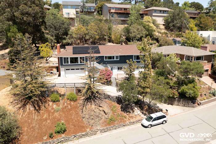 Home exterior featuring James Hardie Iron Gray siding and Arctic White trim in San Rafael, CA
