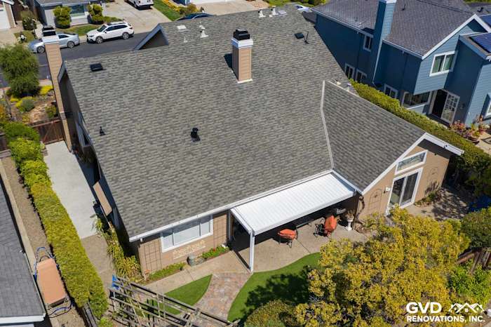 Aerial view of a home featuring Khaki Brown James Hardie siding and Arctic White trim in Foster City, CA