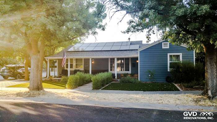 Coastal-style home exterior featuring Boothbay Blue HardiePlank siding and Arctic White trim in Winters, CA