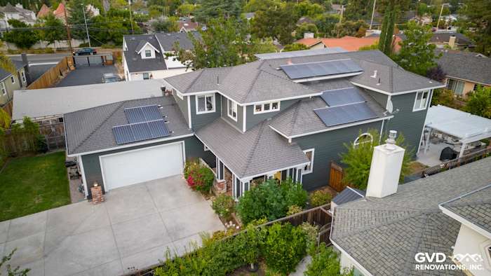 Two-story home in Campbell, CA featuring James Hardie Pearl Gray siding and Arctic White trim with solar panels