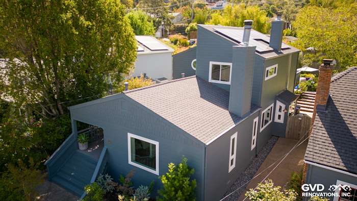 Newly installed James Hardie Cedarmill siding in Evening Blue with Arctic White trim on a Corte Madera home