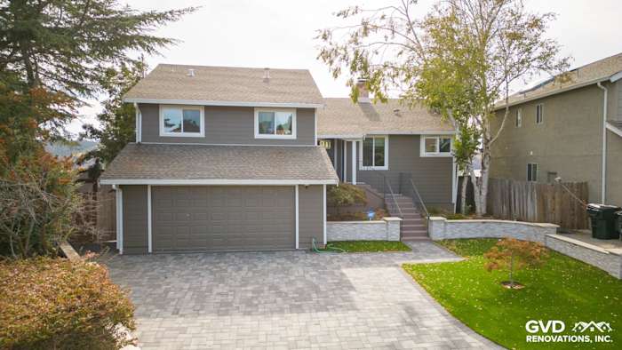 Newly installed Timber Bark HardiePlank siding with Arctic White trim on a modern home exterior in Benicia