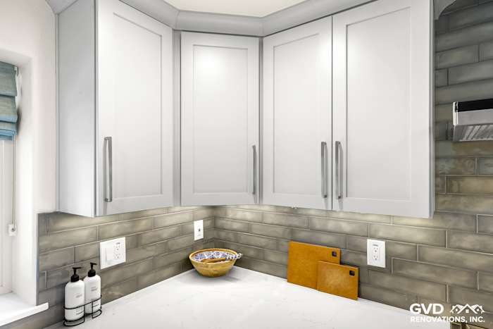 Modern kitchen corner with white cabinets, gray subway tile backsplash, and quartz countertop in Rocklin remodel