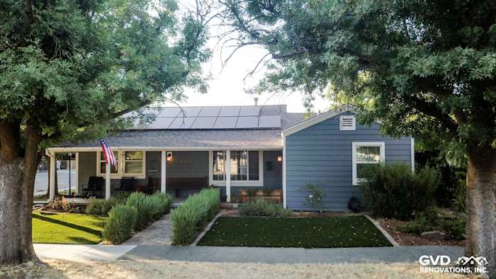 Coastal-inspired home exterior in Winters, CA featuring Boothbay Blue HardiePlank siding and Arctic White trim