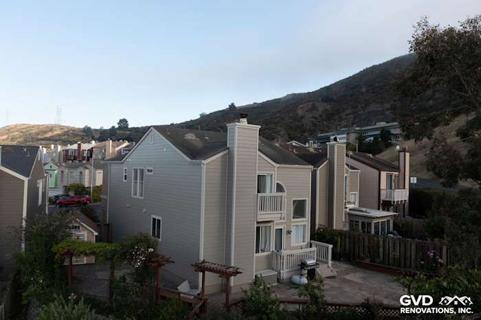 Daly City home exterior featuring James Hardie Lap Siding in Monterey Taupe with Cobble Stone trim