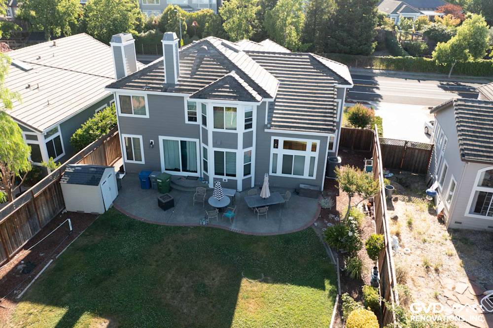 Modern home exterior featuring James Hardie Aged Pewter siding and Alside Mezzo windows in Petaluma