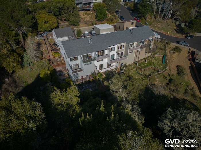 Modern home exterior featuring James Hardie Monterey Taupe siding and Cobble Stone trim in Mill Valley, CA