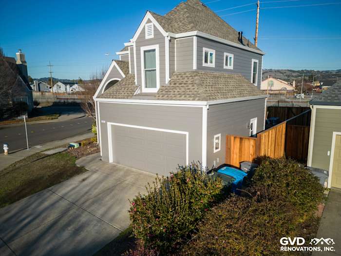 Modern home exterior featuring James Hardie Aged Pewter siding and fresh landscaping in Santa Rosa, CA