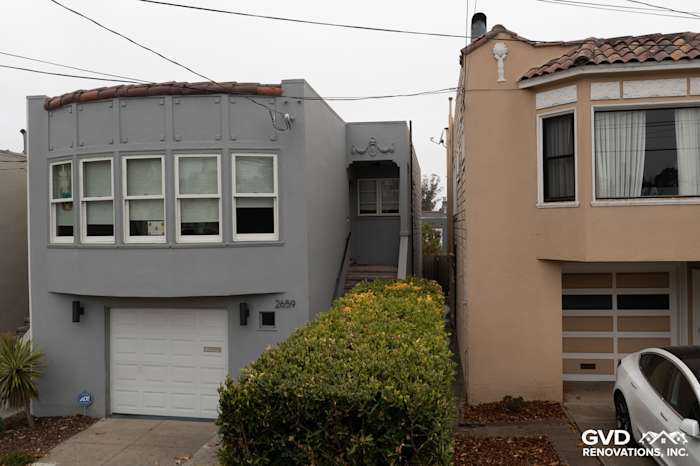 Updated home exterior in San Francisco with Light Mist James Hardie siding and Arctic White trim