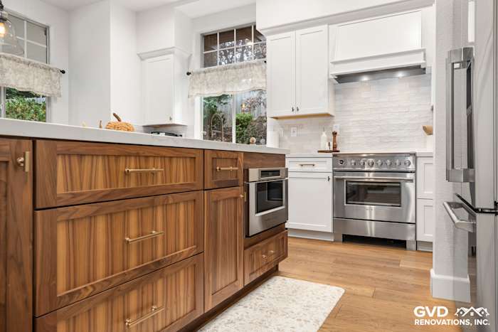 Modern kitchen remodel featuring Waypoint cabinets, Fieldstone island, and Custom Vadara Bronzo countertops in Folsom, CA