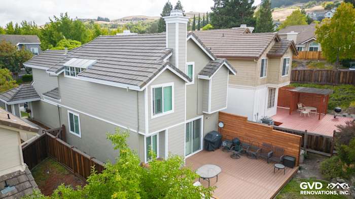 Modern home exterior in Danville showcasing James Hardie Monterey Taupe siding and Arctic White trim