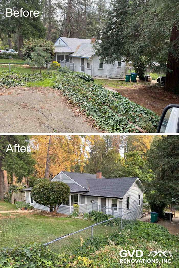 Transformed home exterior in Grass Valley featuring Prodigy Vinyl Siding, showcasing new gray color and improved curb appeal
