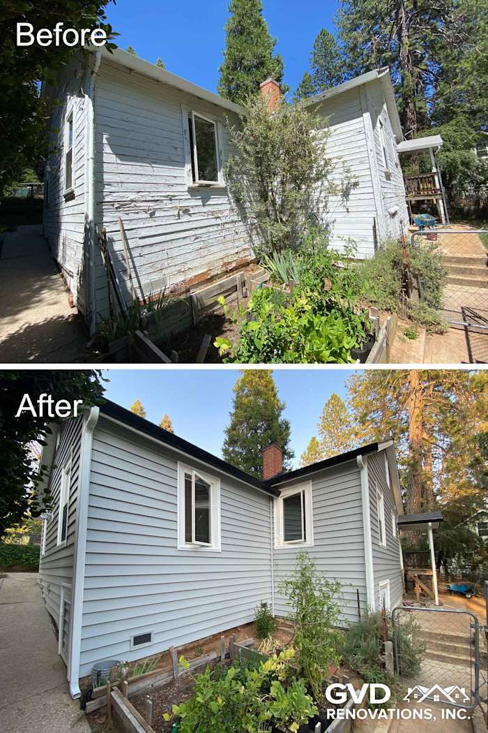 After photo showing a home exterior with new light gray Prodigy Vinyl Siding in Grass Valley, CA, featuring a landscaped