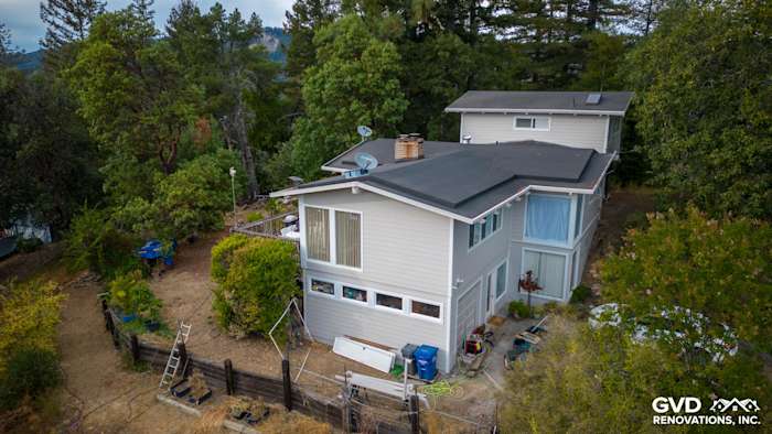 Home exterior renovation featuring Cobble Stone James Hardie siding and Arctic White trim in Los Gatos, CA