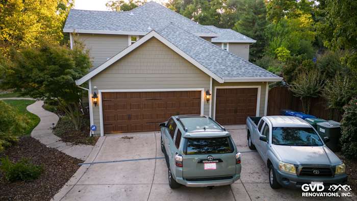 Home exterior featuring James Hardie Cedarmill siding in Monterey Taupe with Arctic White trim in Fair Oaks, CA