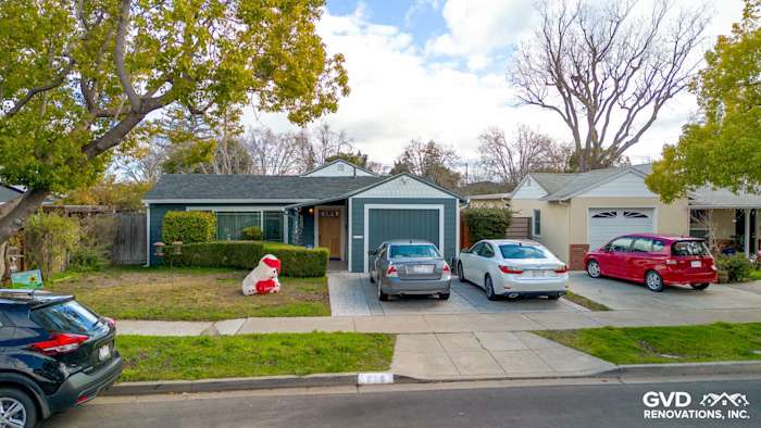 Home exterior featuring James Hardie Evening Blue siding and Arctic White trim in Redwood City