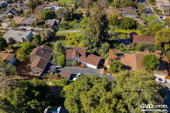 Aerial view of a residential area in Oakland with newly installed HardiePlank siding and windows